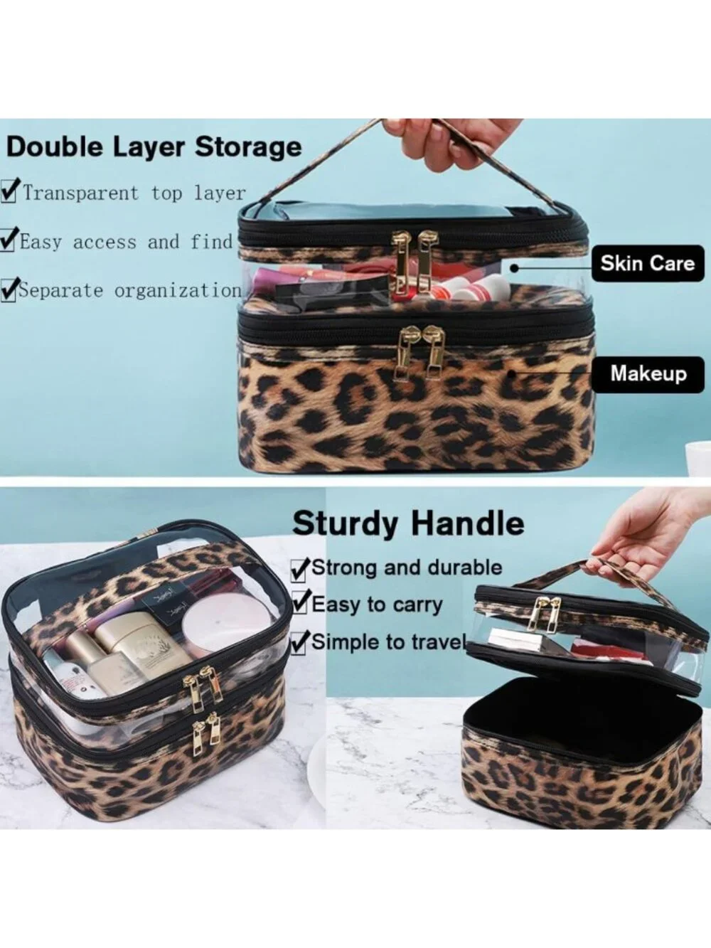 Leopard Print Double Layer Makeup Bag - Travel Cosmetic Organizer & Toiletry